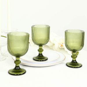 6 Pack Vintage Ribbed Wine Glasses – 13oz Dusty Sage Green Glass Goblets with Ball Stem Accent